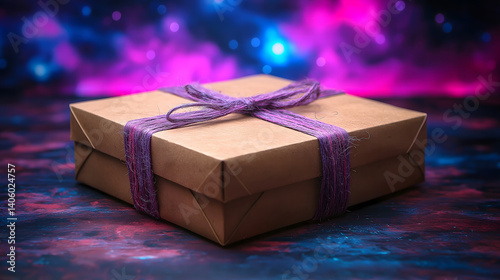 neatly wrapped brown gift box with purple ribbon sits against vibrant, colorful background, creating festive and mysterious atmosphere