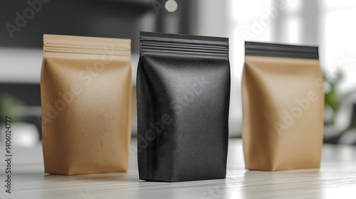 Obraz na płótnie Three stand up pouches, two in kraft paper and one in black, are displayed on wooden surface. minimalist design highlights their versatility for packaging various products w salonie