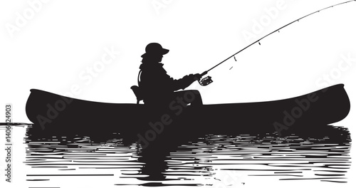 A silhouette of a person fishing from a canoe on calm water at sunset.