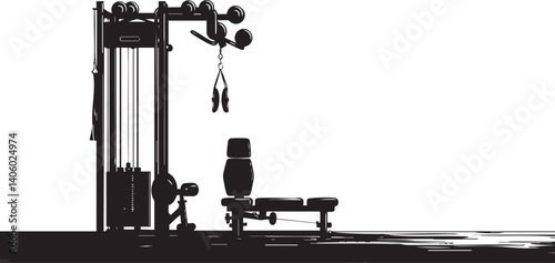 Silhouette of gym equipment including a weight machine and bench for strength training.