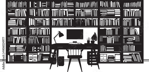 A stylish black and white illustration of a modern office workspace with bookshelves and a desk.