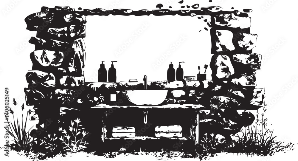 Fototapeta premium A minimalist illustration of a stone bathroom sink surrounded by plants and natural elements.