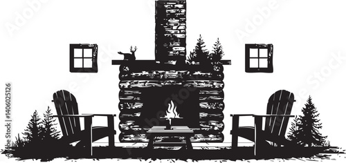 A cozy outdoor fireplace illustration featuring log seating and surrounding trees for relaxation.