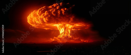 Atomic bomb exploding over city at night, creating a mushroom cloud
