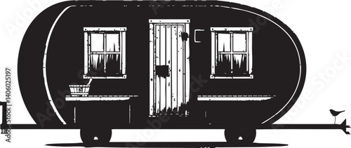 A black and white illustration of a vintage trailer designed for travel and camping.