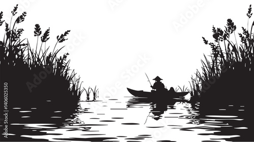 Silhouette of a fisherman in a canoe on a peaceful lake surrounded by reeds and reflections.