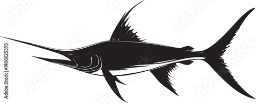 Stylized black silhouette of a swordfish swimming in the ocean.
