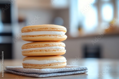 A stack of three light beige macarons with white cream filling. photo