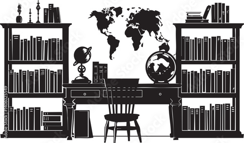 A stylish black and white illustration of a library with bookshelves and a world map.