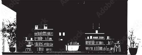 A minimalist black and white interior design featuring bookshelves and plants for a cozy atmosphere.