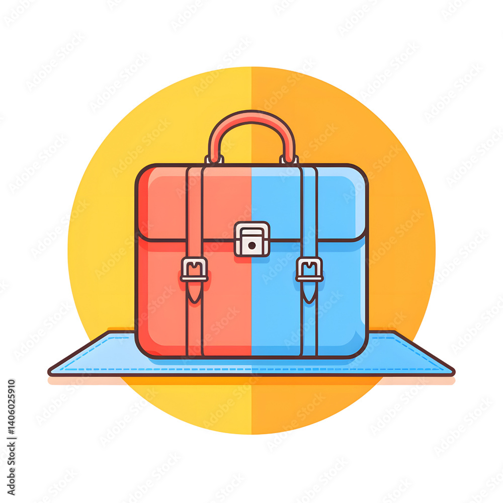 colorful, modern illustration of briefcase with split red and blue design, set against vibrant yellow circle background, conveying sense of professionalism and creativity