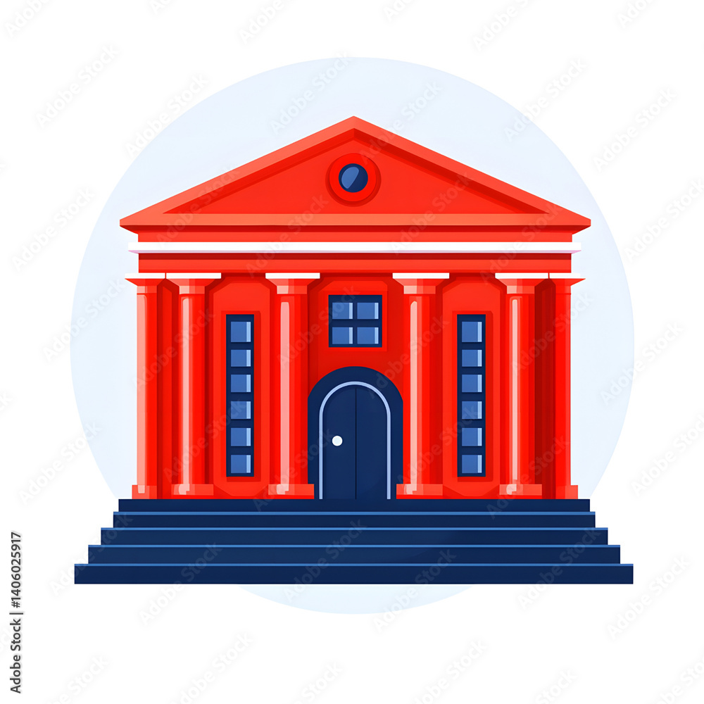 red classical building with columns and triangular pediment stands prominently, evoking sense of grandeur and tradition. structure is set against circular backdrop, highlighting its architectural