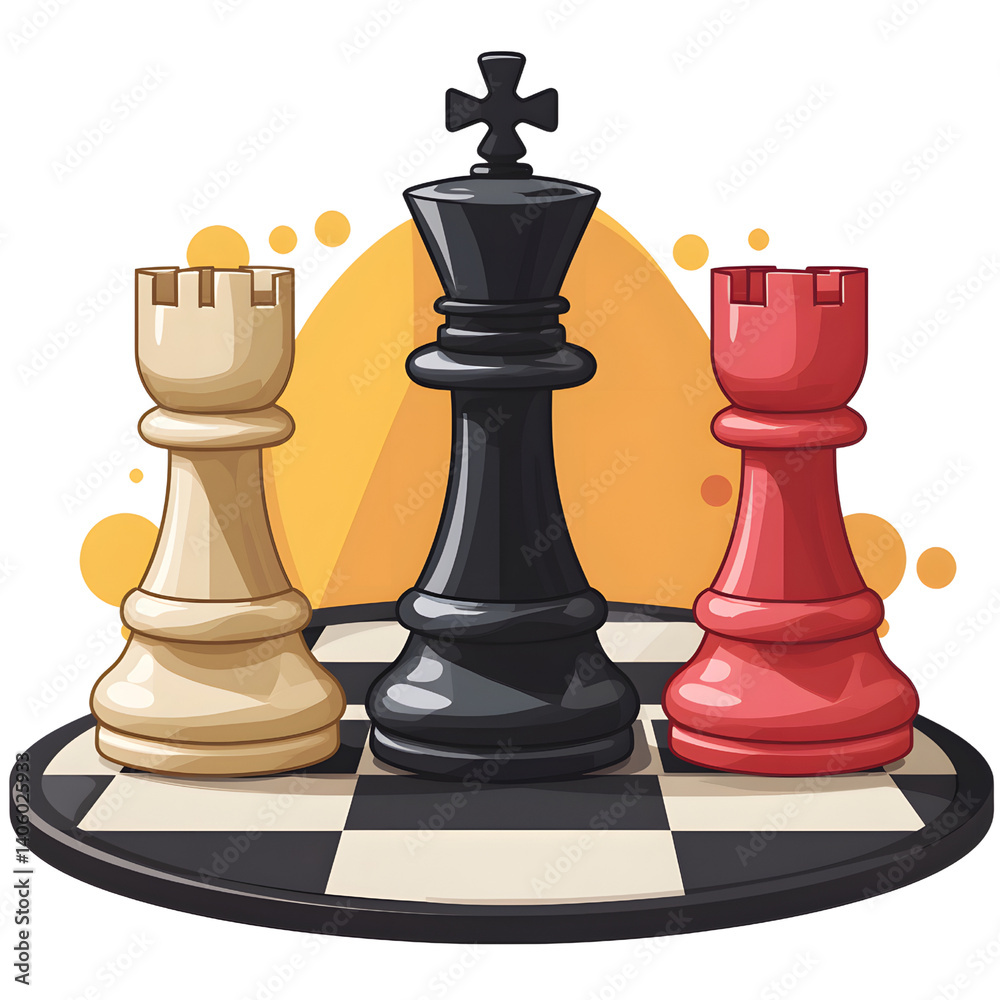 Chess pieces on board with stylized background, featuring black king, white rook, and red rook. design is vibrant and playful, emphasizing strategy and competition