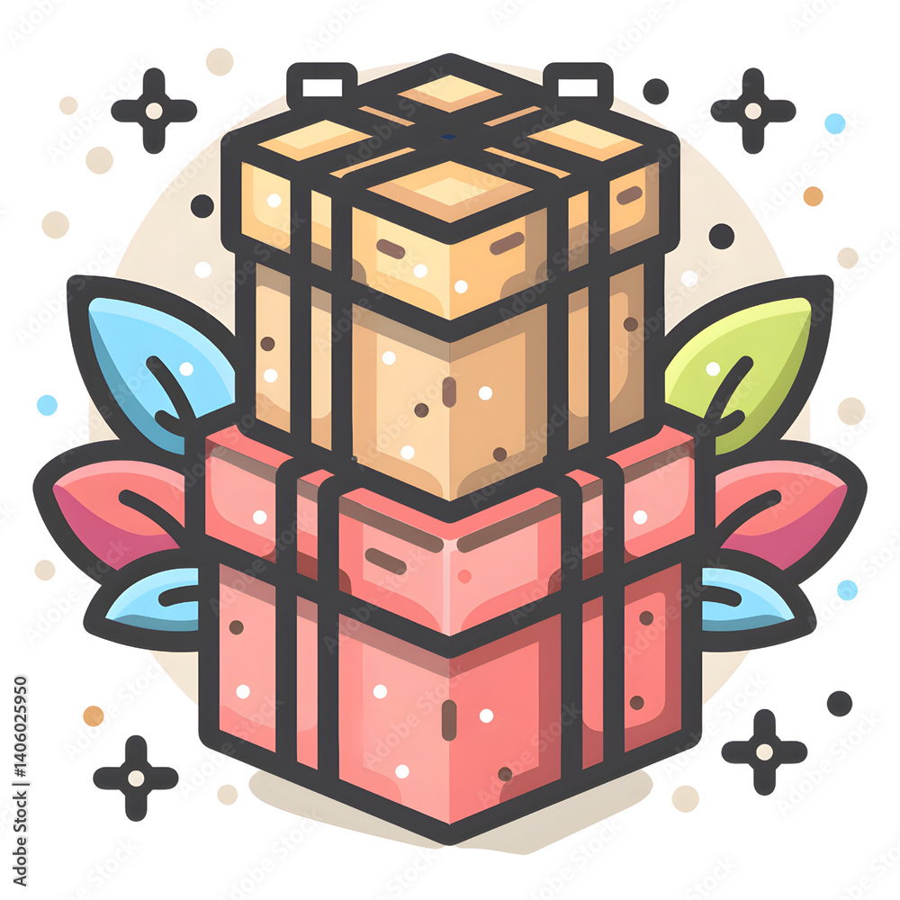 stack of two colorful gift boxes with decorative leaves and dotted background, creating festive and cheerful atmosphere. boxes are adorned with ribbons and surrounded by abstract shapes