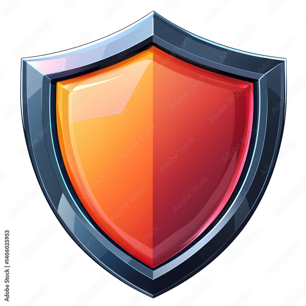 vibrant, glossy shield icon with gradient orange and red center, encased in sleek metallic blue frame, symbolizing protection and security