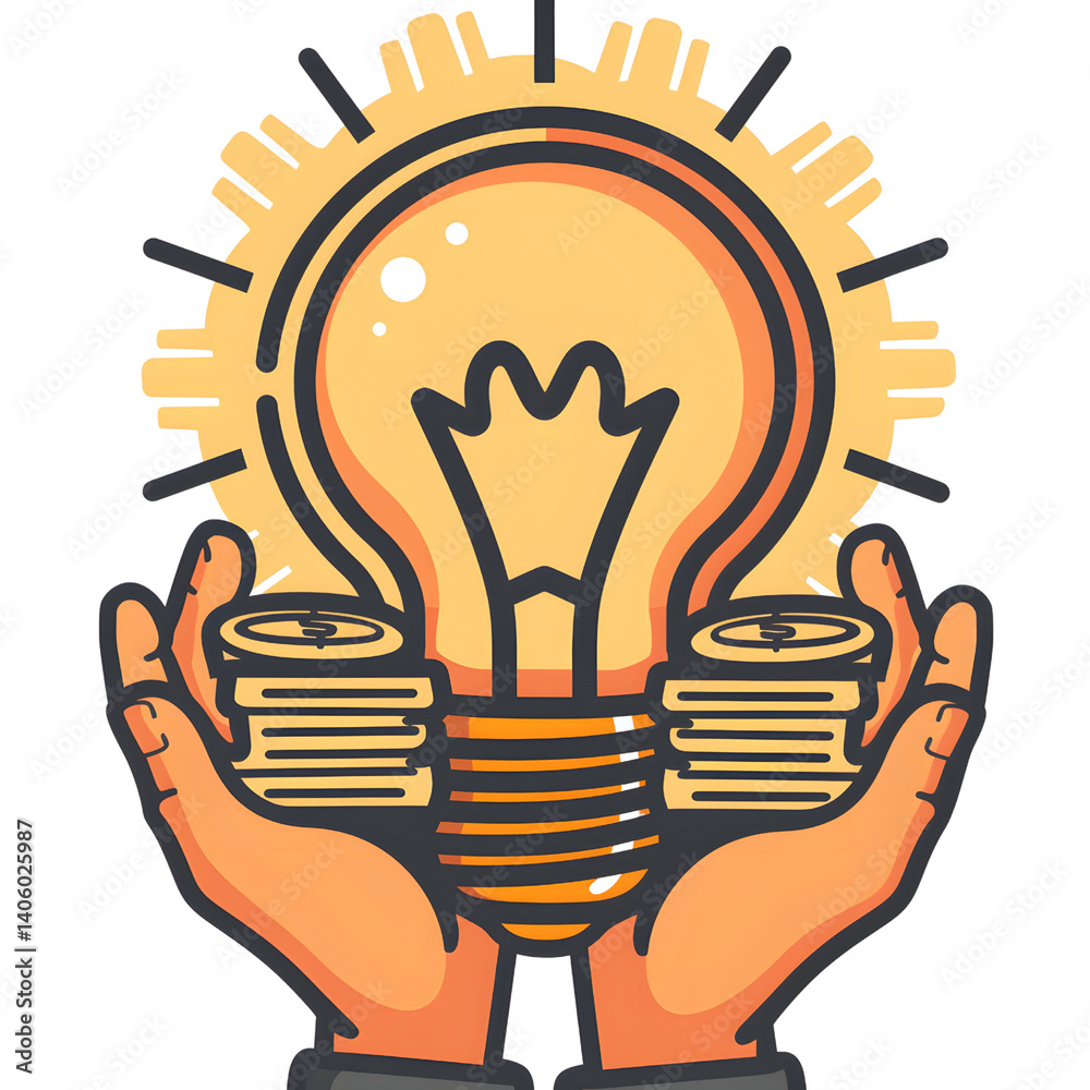 pair of hands holding glowing light bulb with stacks of coins symbolizes innovation and financial success. image conveys sense of creativity and prosperity