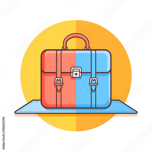 Obraz na płótnie colorful, modern illustration of briefcase with split red and blue design, set against vibrant yellow circle background, conveying sense of professionalism and creativity w salonie