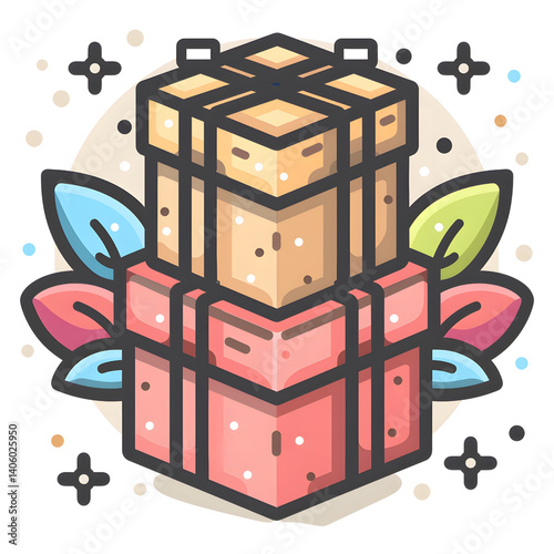 Obraz na płótnie stack of two colorful gift boxes with decorative leaves and dotted background, creating festive and cheerful atmosphere. boxes are adorned with ribbons and surrounded by abstract shapes w salonie