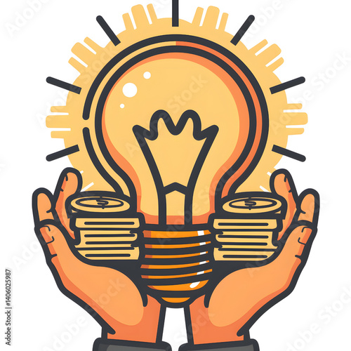 Obraz na płótnie pair of hands holding glowing light bulb with stacks of coins symbolizes innovation and financial success. image conveys sense of creativity and prosperity w salonie