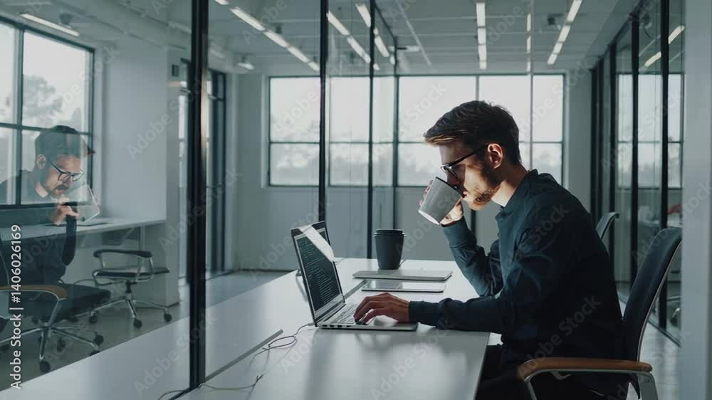 Professional young businessman multitasking, drinking coffee while working on laptop in bright, modern office interior with minimalist design and clean workspace
