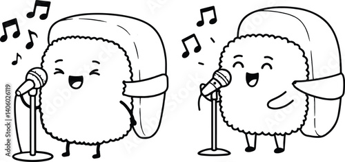 Black and White Singing Sushi Characters – Cute Outline Nigiri Art for Coloring