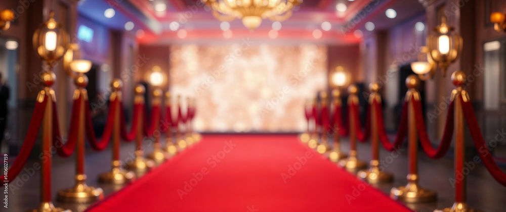 Red carpet leading to vip event with golden stanchions and blurred background Red carpet leading to vip event with golden stanchions and blurred background