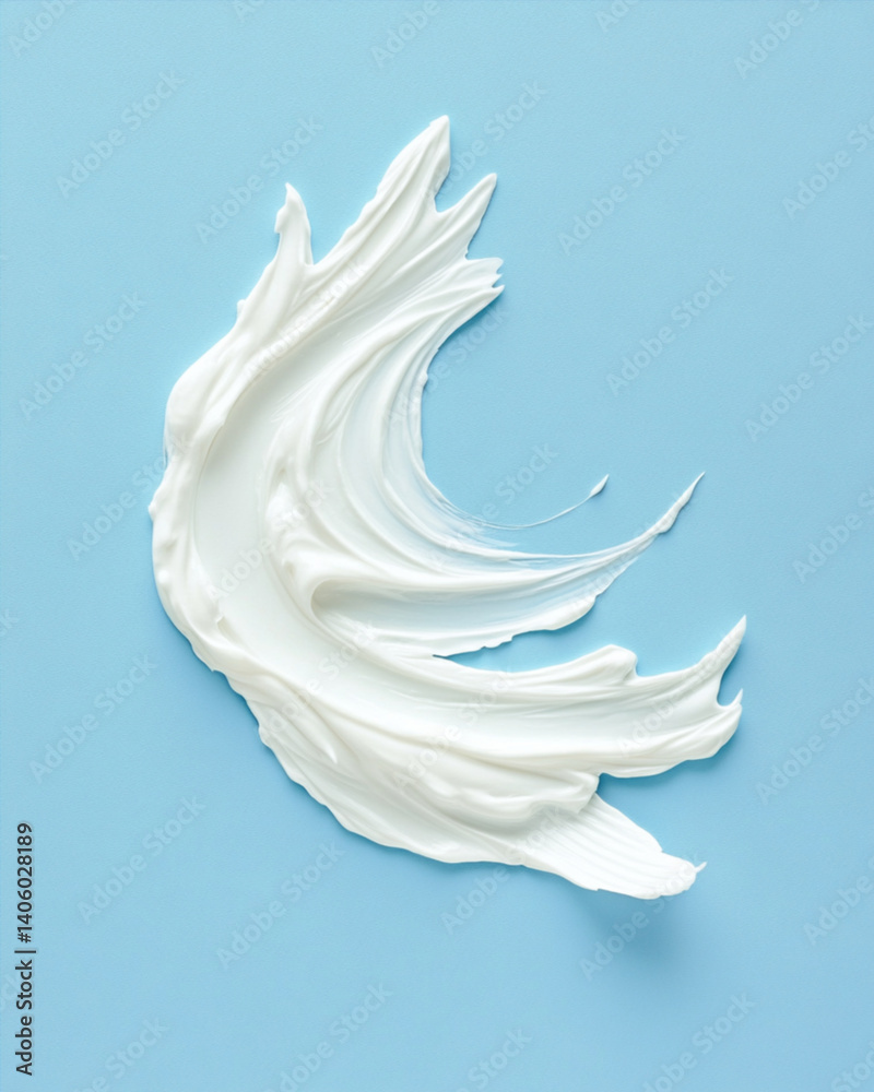 A close-up, high-resolution texture shot is shown in a white cosmetic cream swatch on a blue background