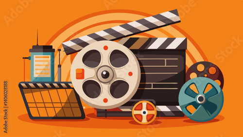 Film reel, movie clapper on orange background. Cinema tech concept. Retro vintage movie studio scene. Film production art. Vintage film reel, clapper board props. Classic movie studio tech .