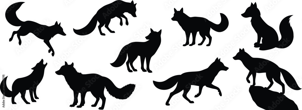 Naklejka premium Set of Fox Silhouette Vector Illustrations – Running, Sitting, Jumping and Howling Fox Poses