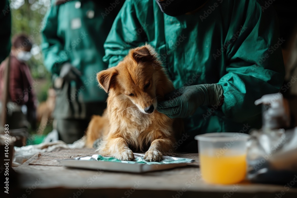 Vets check a rescued dog's health at an animal welfare clinic in the morning