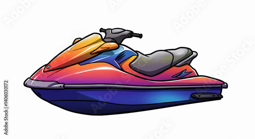 A bold, black-outlined, glossy jet ski, rendered in vibrant primary and secondary colors with a slight gradient effect, sits angled slightly to the left. Vector illustration