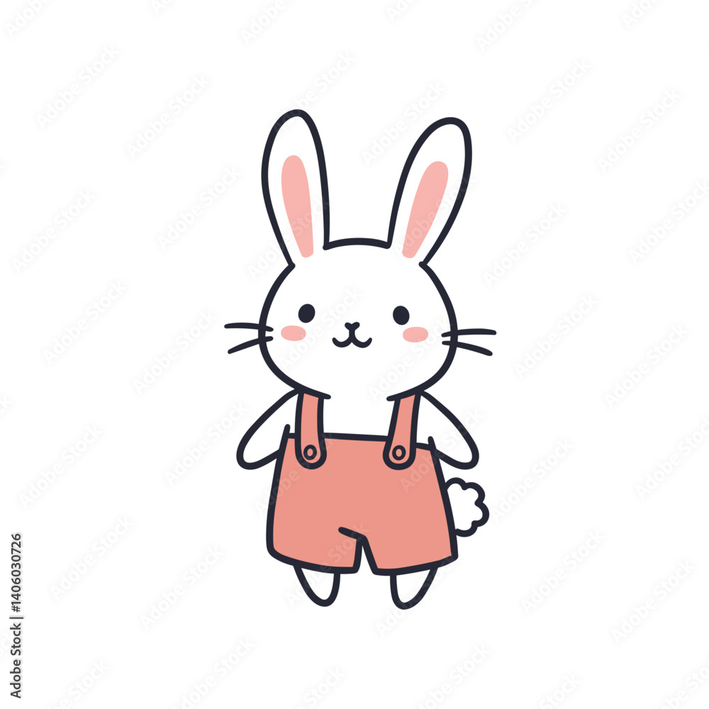 Joyful bunny wearing overalls standing on a white background Joyful bunny wearing overalls standing on a white background