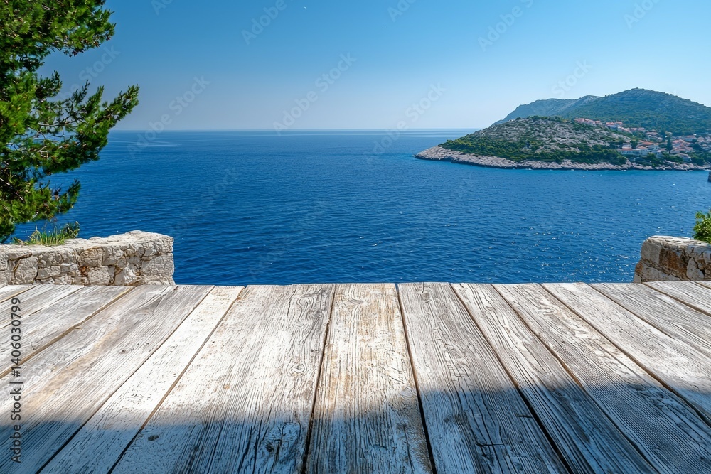 Obraz premium A wooden deck overlooking a large body of water