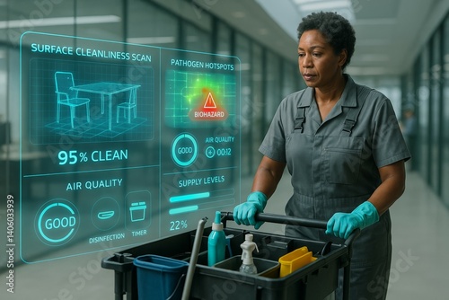 African female janitor utilizing augmented reality technology for cleaning in modern office