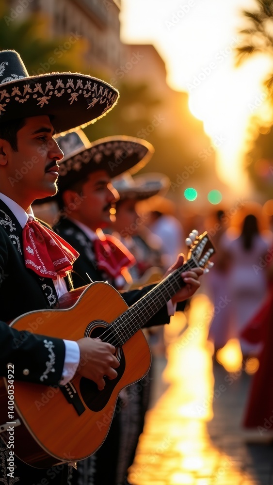 A mariachi band captivates onlookers as they perform at sunset, showcasing their vibrant charro suits. Musicians create a lively atmosphere with heartfelt melodies.