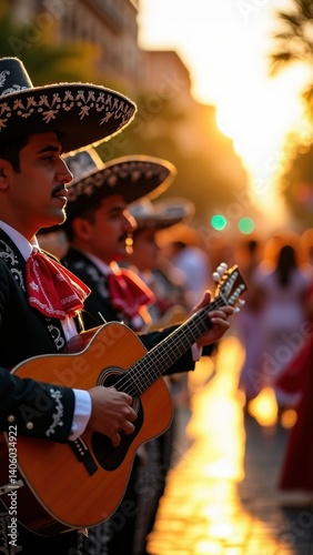 Obraz na płótnie A mariachi band captivates onlookers as they perform at sunset, showcasing their vibrant charro suits. Musicians create a lively atmosphere with heartfelt melodies. w salonie