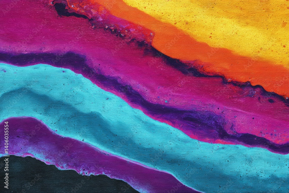 Vibrant abstract painting with colorful layers of blue, purple, red, and yellow