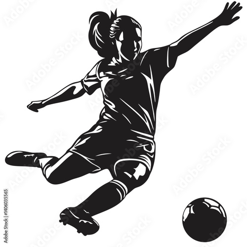 Female soccer silhouette mid-slide tackle vector illustration