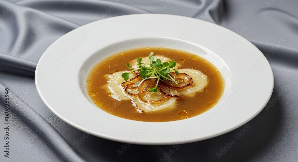 Deep white plate of onion soup topped with caramelized onion slices and crispy microgreens, elegant plating on a silky fabric background. Deep white plate of onion soup topped with caramelized onion slices and crispy microgreens, elegant plating on a silky fabric background.