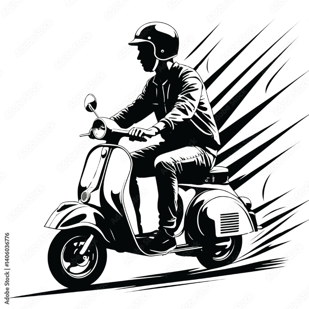 Silhouette of Man Riding Vintage Scooter in Motion