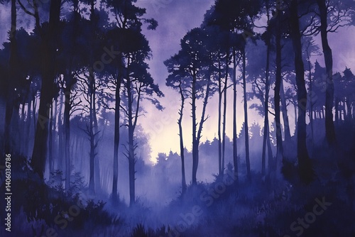 Atmospheric woodland scene dusk where gentle purple twilight and cool blue shadows mingle with the enduring silhouettes of stately trees