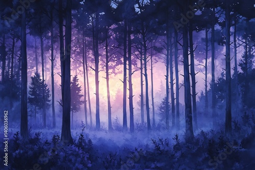 Atmospheric woodland scene dusk where gentle purple twilight and cool blue shadows mingle with the enduring silhouettes of stately trees