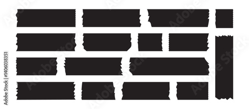 Tape masking black paper, scotch torn, strip rip, doodle old piece, adhesive tape isolated on white background. Cut path stick, retro scrapbook, bandage icon, glue ribbon collage. Vector illustration