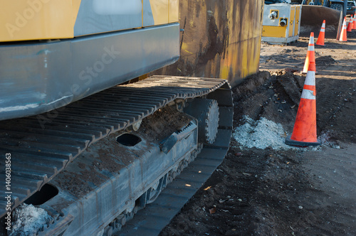 Heavy Construction Equipment at a Worksite with Traffic Cones. Close-up of heavy-duty tracked machinery on a construction site, with traffic cones in the background ensuring safety. Earthworks and ind