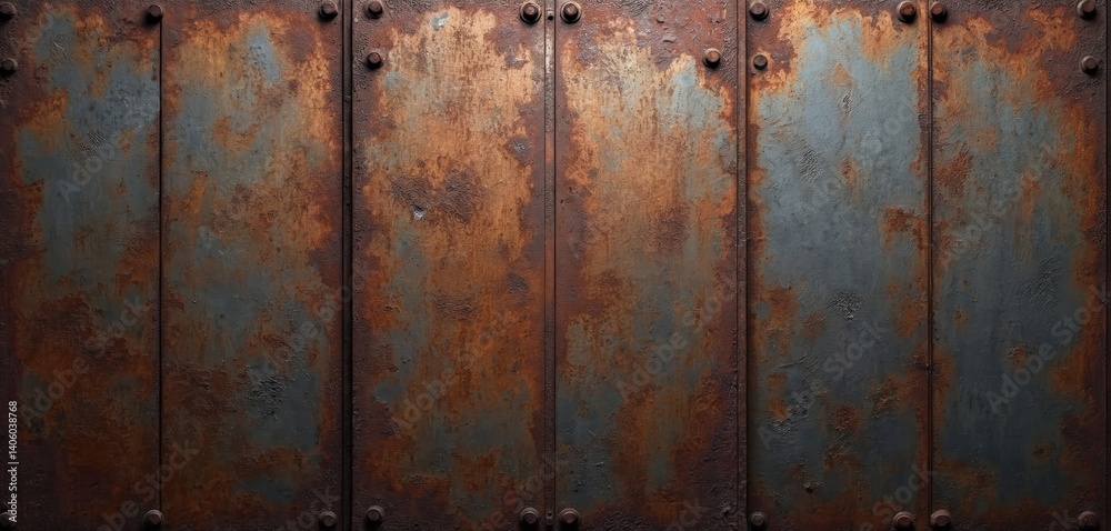 Grunge, rusted metal texture background. Aged iron panel with rivets, bolts. Rough, weathered, industrial design. Rusted metal surface is great background for construction industry. Brown, dark tones.