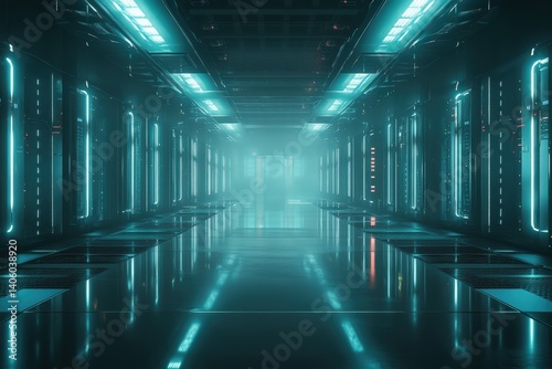 Futuristic corridor with glowing lights and reflective surfaces in a high-tech facility at night photo