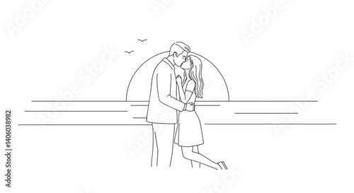 Tender kiss sunset couple in love by the ocean  