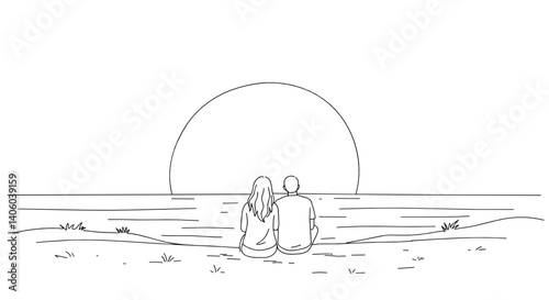 Couple watching sunset, love, relationship, romance by the sea  