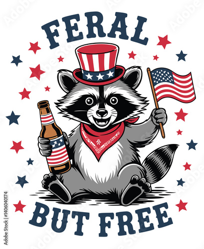 Patriotic Raccoon with Beer and Flag Feral But Free Design