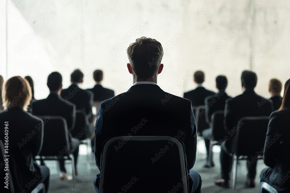 Fototapeta premium Conference attendees engaged in a presentation at a modern venue in bright natural light